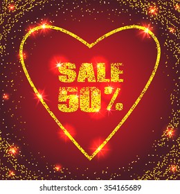 Sale design card with glowing golden heart. Red background with glitter. Vector illustration. 