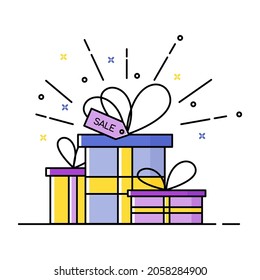 Sale design gift boxes icons. Banner elements for web and app. Vector isolated outline drawing.