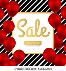 Sale Design. Red Luxury Balloons on White Background with Stripes and Trendy Square Frame. Seasonal sales. Space for text. Vector sales poster, flyer, template, tag, label, badge, banner, design.