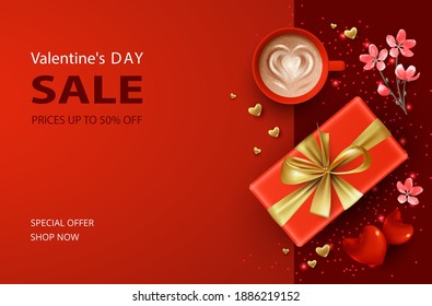 Sale design of Valentine's day banner with a gift and a cup of coffee