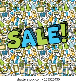 Sale of different objects seamless with text