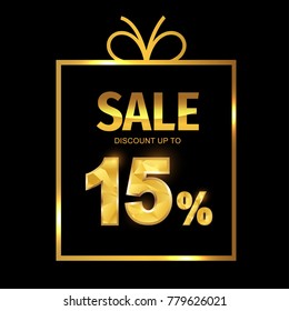 Sale discount 15 percent in gift box. Vector Low polygonal font. Special offer sale gold tag isolated vector. Discount offer price label, symbol for advertising campaign on shopping day.