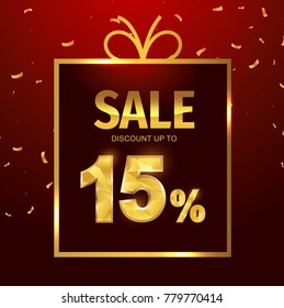 Sale discount 15 percent in gift box. Vector Low polygonal font. Special offer sale gold tag isolated vector. Discount offer price label, symbol for advertising campaign on shopping day.