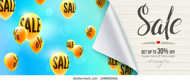 Sale, Discount 30 percent off. Banner with bended corner of paper, flying helium balloons in blue sky and handwritten text. Vector banner with design of text on background of textured wooden planks