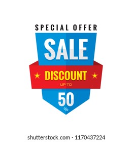 Sale discount up to 50% - concept banner vector illustration. Special offer abstract vertical badge. Promotion layout. Graphic design element. 