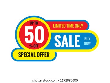 Sale - discount up to 50% concept banner vector illustration. Special offer creative geometric promotion layout. Buy now. Abstract composition. Graphic design sticker. 