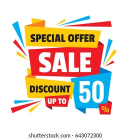 Sale discount up to 50% - concept banner vector illustration. Abstract advertising creative layout. Graphic design elements. 