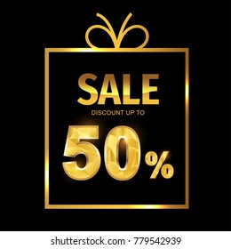 Sale discount 50 percent in gift box. Vector Low polygonal font. Special offer sale gold tag isolated vector. Discount offer price label, symbol for advertising campaign on shopping day.