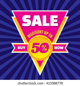 Sale discount up to 50% vector banner concept illustration. Triangle badge with ribbon. Sticker layout. 