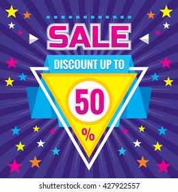 Sale - Discount up to 50% - vector banner concept illustration. Abstract layout. Triangle badge and origami design element.