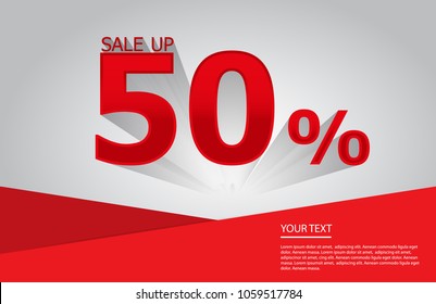 Sale discount 50%. White and red background. Vector illustration.