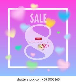 Sale Discount 8 March Happy Women's Day poster. Eighth March special offer gift card. 8 march Spring Holiday Sale. Futuristic Promo design Advertising Web Marketing Vector Online Shopping flyer banner