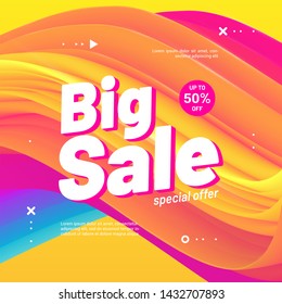 Sale Discount abstract 3d vector gradient banner. Big sale special up to 50% off. Summer wave poster. Trendy design. Square template for banner, flyer, Sale promotion, ad, blog, marketing.1. Eps 10