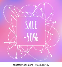 Sale and discount. Abstract template. Mesh background. Beads, knitting needles, antennas.
