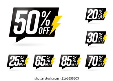 Sale discount advertising label design set. Price cut percent business offer stickers with lightning symbol. Shopping sale promotion tag template collection vector illustration