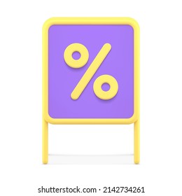 Sale discount announcement street board folding display percent symbol front view 3d icon vector illustration. Retail special offer business advertising sidewalk stand signboard commercial marketing