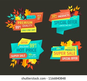 Sale and discount in autumn season. Special offer and hot price for customers on clearance, bargain or sell-out day geometric banners with leaves.