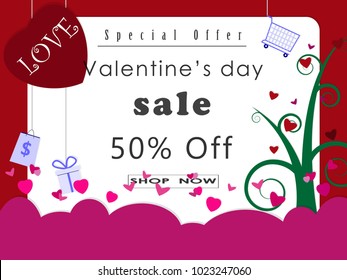 Sale Discount background for the online store,valentine's day sale 50%, shopping, promotional leaflet, banner,paper cut style, Vector eps 10.