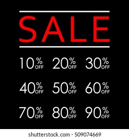 Sale and discount banner. 10,20,30,40,50,60,70,80,90 percent price off . Vector illustration.