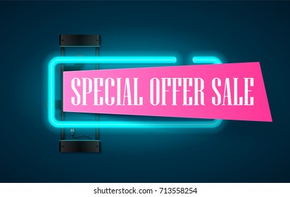 Sale and discount banner with blue neon lights lamp and piece of paper for your offer text.