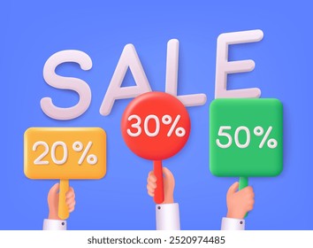 Sale, discount banner. Hands holding signs with discount percent. 3D Web Vector Illustrations.