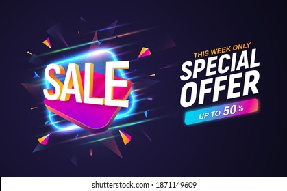 Sale discount banner on dark background. Advertising vector illustration. Discount coupon template