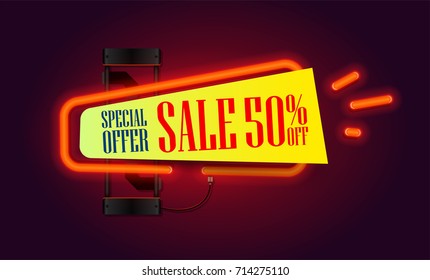 Sale and discount banner with red neon lights lamp and piece of paper for your offer text. Vector illustration