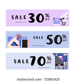 Sale  and  Discount Banner set. Colorful Memphis style banner template and background.