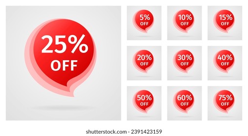 Sale Discount Banner. Set of Discounts 5,10,15,20,25,30,40,50,60,75 percent. Discount label in the form of the red speech bubble with percentage number. Sale design element. Vector illustration