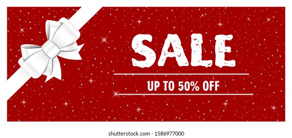 Sale discount banner template promotion with white bow, snowflakes and text on isolated red background