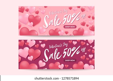 Sale discount banner for Valentines Day. Special offer poster with heart balloons, festive background.