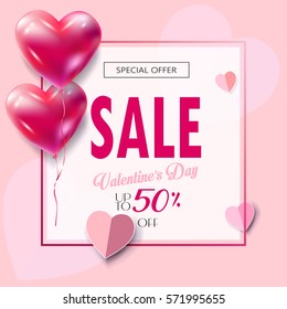 Sale discount banner for Valentines Day. Vector template. Special offer poster with heart balloons, festive background. Love, poster, banner, coupon, voucher, Typography Gift card Advertising design