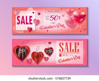 Sale discount banner for Valentines Day set. Valentine's Day Sale Special offer posters with heart balloons, price tag, background. Love, flyer, banner, coupon, voucher. Typography Gift card vector