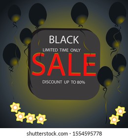 Sale discount banner.Black Friday discount banner on a dark background the black balloons in the beams of Christmas lights