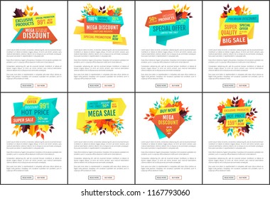 Sale and discount banners set for autumn season, bouquets of leaves. Special offer with off, seasonal price reduction posters vector illustrations.
