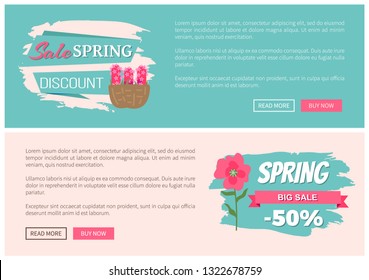 Sale, discount and best offer, label for springtime promotion and advertising, daisy bouquet. Advertisement decorated by flowers, greeting for ladies vector. Website with links buy and read now