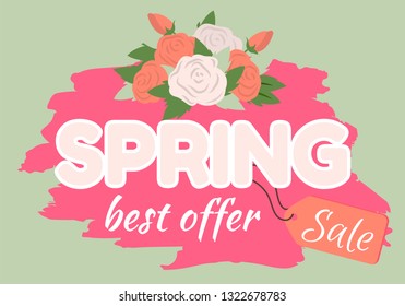 Sale, discount and best offer, label for springtime promotion and advertising, daisy bouquet. Advertisement decorated by flowers, greeting for ladies vector. Early spring and summer flower for wedding