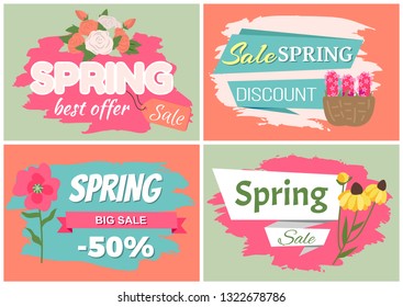 Sale, discount and best offer, label with rose, lilac and violet, daisy bouquet. Advertisement decorated by flowers, greeting for ladies vector. Early spring and summer flower for wedding