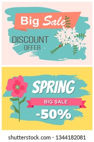 Sale, discount and best offer, label with rose, lilac and violet, daisy bouquet. Advertisement decorated by flowers, greeting for ladies vector. Early spring and summer flower for wedding