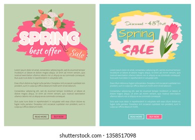 Sale, discount and best offer, label for springtime promotion and advertising, daisy bouquet. Advertisement decorated by flowers, greeting for ladies vector. Website with links buy and read now