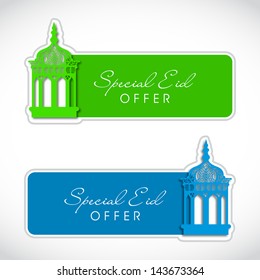 Sale, discount and best offer tag, label or sticker set on occasion of Ramadan Kareem and Eid Mubarak.