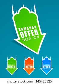 Sale, discount and best offer tag, label or sticker set on occasion of Ramadan Kareem and Eid Mubarak.