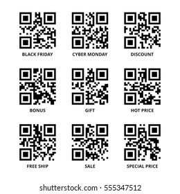 Sale, discount, black friday and other promotional QR codes set. Quick response barcodes with advertisement and special offer texts encoded in it. Ready to scan. Vector eps8 illustration.