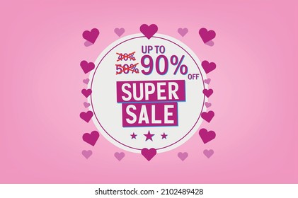 Botón de descuento de venta, vector de arte en fondo amarillo y rosa con corazones y comienza a celebrar las ventas del día de San Valentín.
