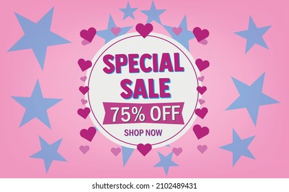 Sale discount button, artwork vector in yellow and pink background with hearts and starts celebrating valentine's day sales.