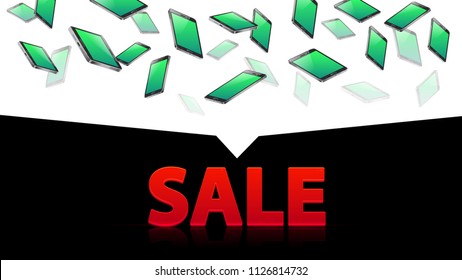 sale discount clearance phone smartphones technology electronics , binary code lighting neon shine from screen , falling phones and text red 3d sign sale glossy
