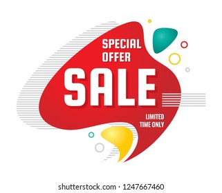 Sale - discount concept banner vector illustration. Special offer creative geometric promotion layout. Buy now speech bubble. Abstract composition. Graphic design sticker in fluid liquid style. 
