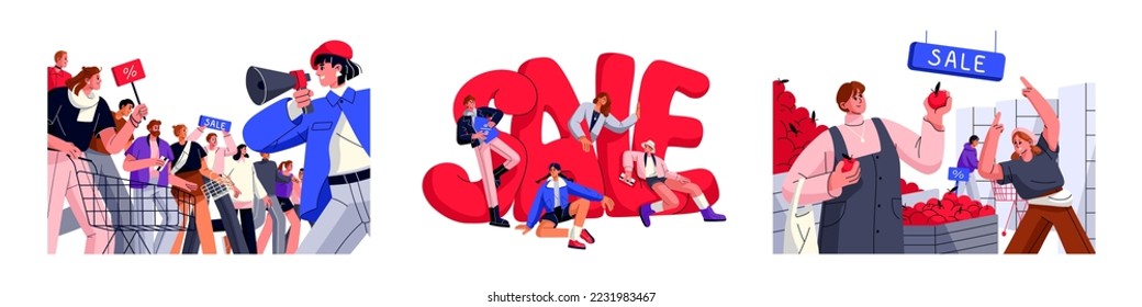 Sale and discount concept. Happy excited people ready for shopping, buying with price off. Customers, buyers, shoppers, purchasers in stores. Flat vector illustrations isolated on white background