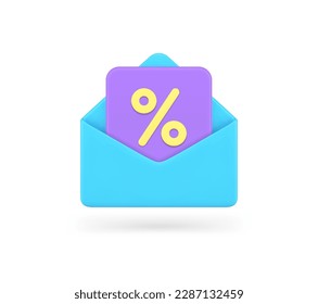 Sale discount coupon message mailing list commercial promo marketing 3d icon realistic vector illustration. Shopping financial special offer voucher open envelope business clearance price off announce