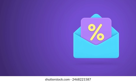 Sale discount coupon message mailing list commercial promo marketing 3d icon realistic vector illustration. Shopping financial special offer voucher open envelope business clearance price off announce